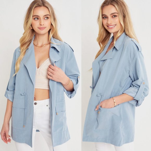 NEW Oversize Collar Drawstring Waist Pockets Open Front Light Weight Jacket Blue - Picture 6 of 8